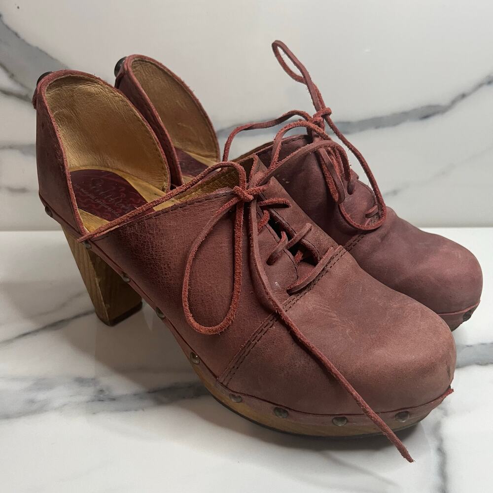 Sanita Women's Red Leather Danish Theadora Lace Up Wood Clogs Shoes Sz 39 Sz 8